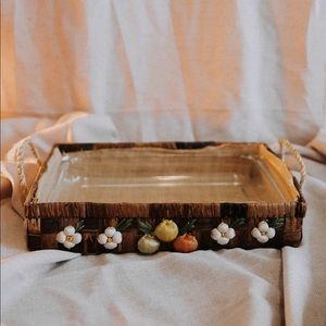 Floral Woven Dish Holder with Glass Dish